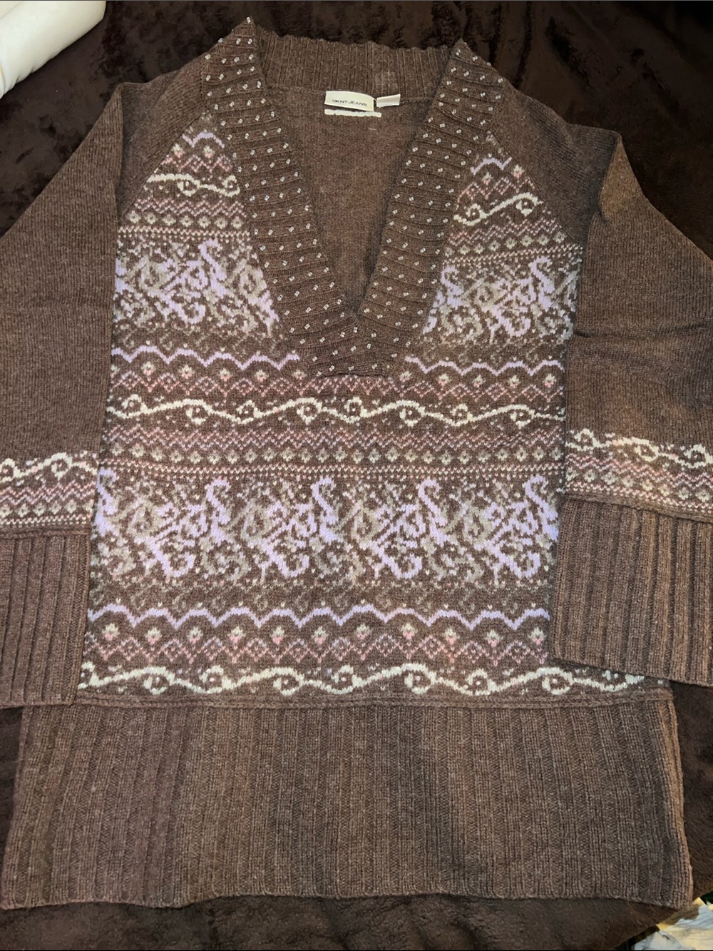 DKNY Brown V-Neck Fair Isle Sweater with Pink Cream Fair Isle Pattern and Beads